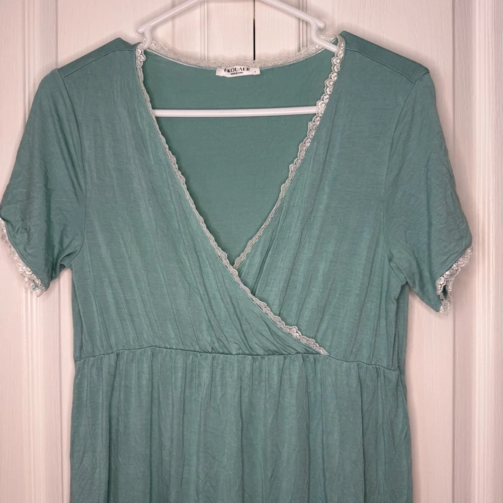 Ekouaer Teal Wrap Style Nightgown Sleep Dress Lace Trim Soft Stretch Small